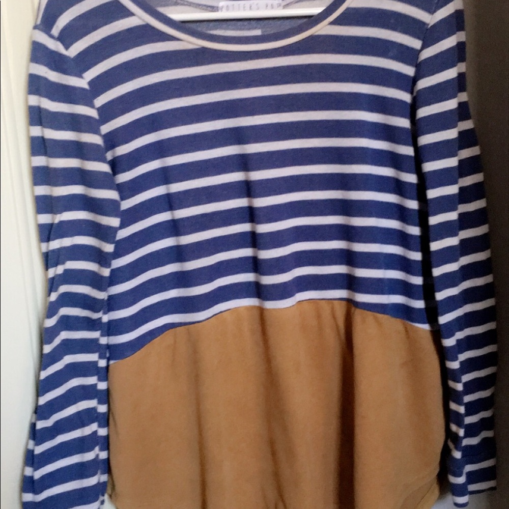 Women Small Tan Suede Blue Striped Fall Shirt Top